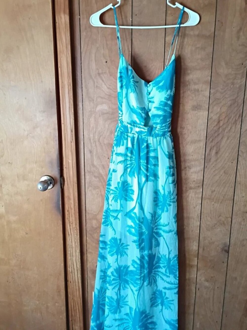 Candie’s Women’s Maxi Dress Size L Blue Tropical Palm Print Slit NWT